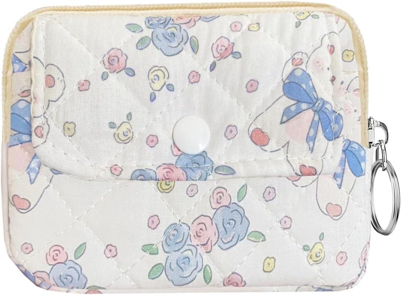 Modacarry Store Cotton Quilted Floral Coin Pouch with Cute Prints Zipper for Women Girls (ROSE BEAR) - Image 1